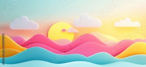 Fototapeta Colorful abstract landscape with waves, sun, clouds, and pastel colors in a serene setting, copy space for text