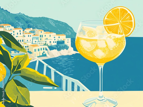 Fototapeta Sip of summer: a Limoncello Spritz cocktail with a lemon slice and ice cubes in a glass on the table, set against a background of an Italian coastal landscape with charming houses and lush greenery.
