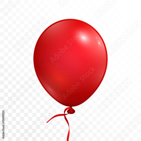 Fototapeta Realistic red balloon with ribbon. Isolated on white transparent background. Vector illustration, eps 10.