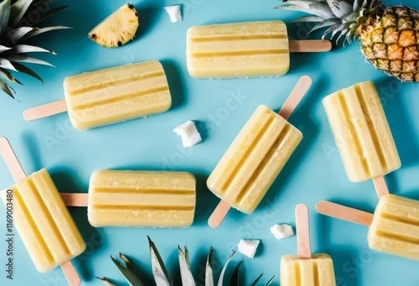 Fototapeta A close-up of a pineapple pina colada popsicle with coconut shavings on top