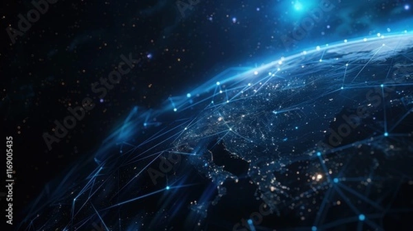 Fototapeta Global network for the exchange of data on the planet Earth. Blue black ground.