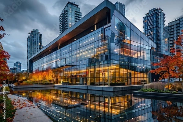 Fototapeta modern corporate building with large glass windows reflecting surrounding city life