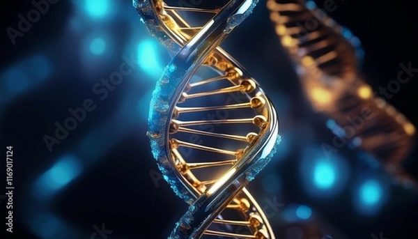 Fototapeta glowing blue and gold dna molecule is rotating on a dark background