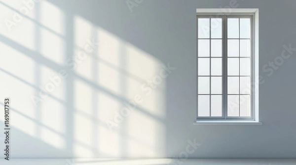 Fototapeta Sunlit Minimalist Room Interior with Large Paned Window and Shadow