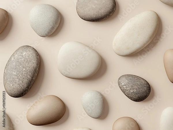 Obraz Abstract Pebble-like Shapes in Earthy Tones, Scattered Randomly on a Plain Light Beige Background for Elegant Graphic Design