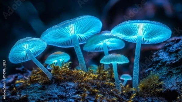 Fototapeta Enchanting Bioluminescent Fungi Illuminating a Mystical Teal Forest Canopy