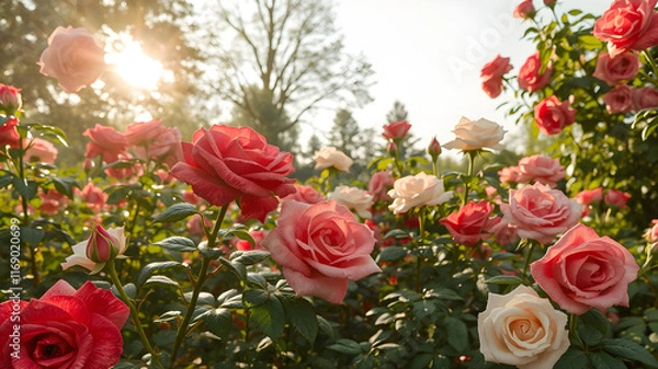 Obraz Rose garden with red and white roses in the morning sun after the rain, hyper realistic, detailed, 8k, sharp