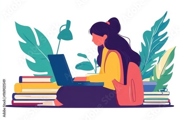 Fototapeta girl studying with a remote tutor via laptop illustrating the convenience and engagement of online learning from a home setting