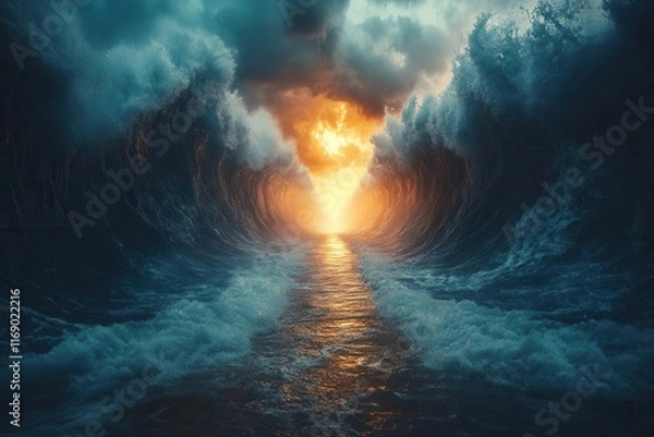Fototapeta dramatic 3d illustration of the biblical event of moses parting the red sea capturing the awe and grandeur of this momentous occasion with fierce waves and divine light