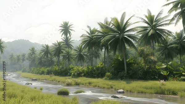 Obraz massive open tropical landscape, alien palm trees, tropical flowers, flowing river, lush green grass. hyper detailed 8k, unreal engine.