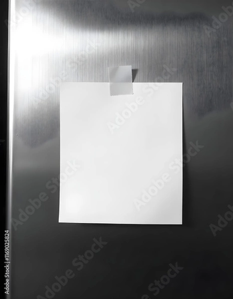 Fototapeta Isolated Blank Paper Note Centered on Stainless Steel Fridge with Adhesive Tape and Soft Kitchen Lighting Reflections