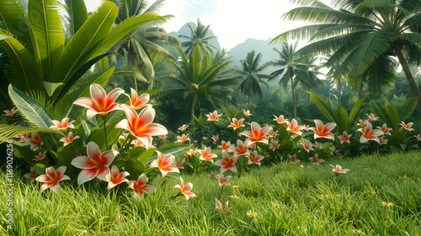 Obraz massive open tropical landscape, tropical flowers, lush green grass. hyper detailed 8k, unreal engine.