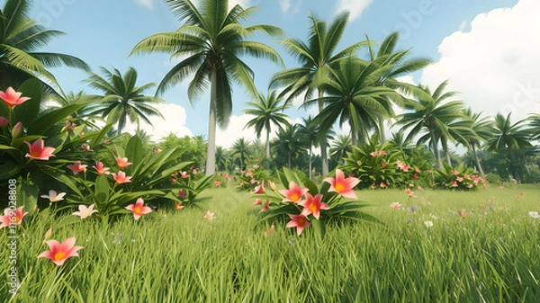 Obraz massive open tropical landscape, tropical flowers, lush green grass. hyper detailed 8k, unreal engine.