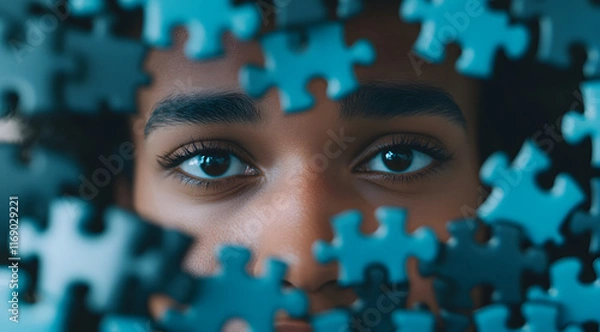 Obraz A close-up of a person's face framed by blue puzzle pieces, emphasizing introspection and the quest for understanding.