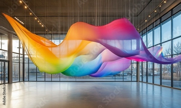 Fototapeta Rainbow fabric art hangs in a modern gallery.