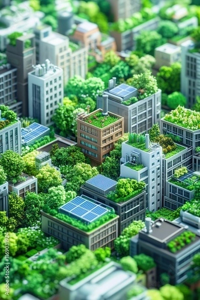 Fototapeta A high-resolution aerial view of a modern sustainable city with abundant green spaces. Features include rooftop gardens, solar panels on buildings, and clean streets.