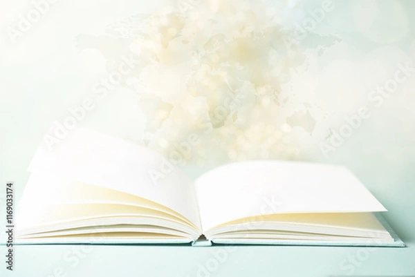 Fototapeta Education, knowledge and skill learning with literature, world book day, open book, world map, reading a story