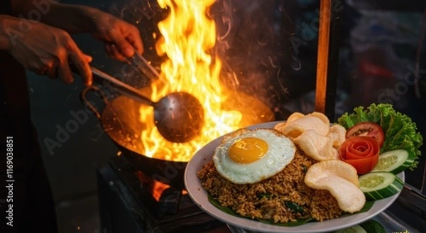 Fototapeta Delicious Nasi Goreng Prepared Over Open Flames