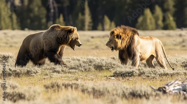 Fototapeta A showdown between a giant bear and a mighty lion preparing for battle.