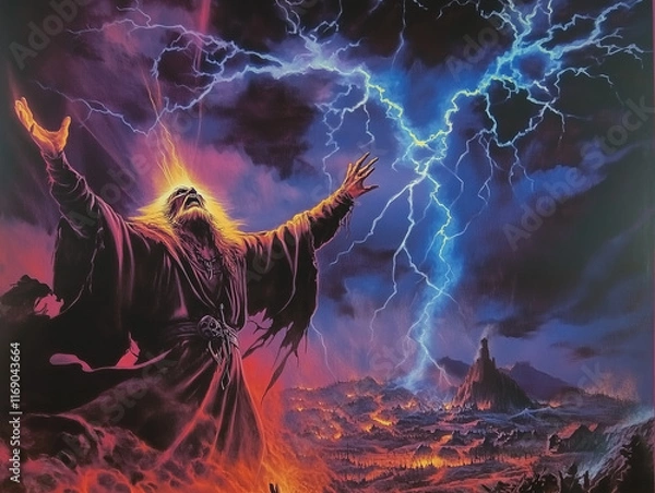 Fototapeta 1970s dark fantasy art cover of a fearsome wizard who is neither evil nor good. This wizard is a force of nature, conjuring eletricity and lightning and casting