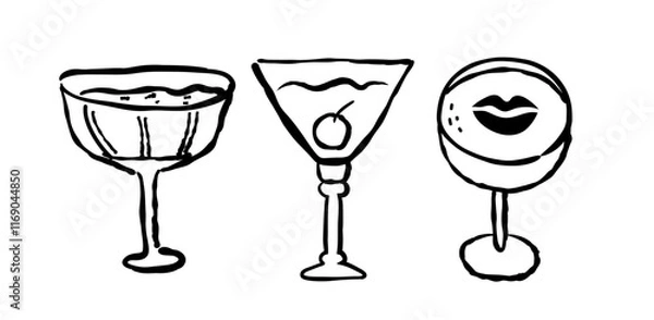 Obraz Party cocktail drink isolated set in line art outline style. Hand drawn doodle outline vector illustration
