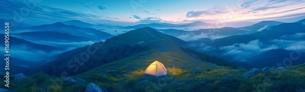 Obraz Camping with Mountain View Under Blue Skies