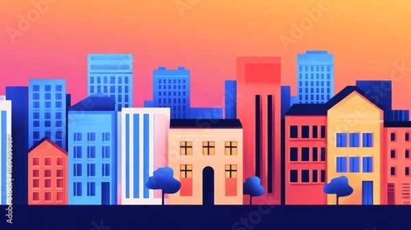Fototapeta Vibrant Abstract Cityscape Illustration Featuring Diverse Building Shapes and Colors Against a Bright Gradient Sky at Dusk