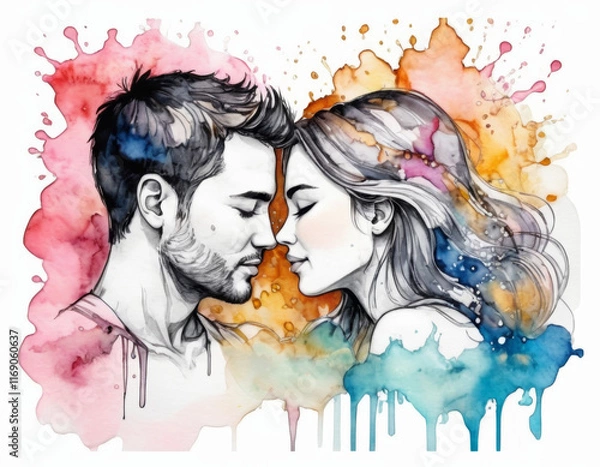 Fototapeta Couple in love together, valentine sketch ink art