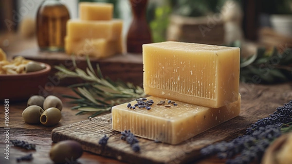 Fototapeta Rustic wooden table with two bars of handmade soap with natural ingredients and decor. Generative AI