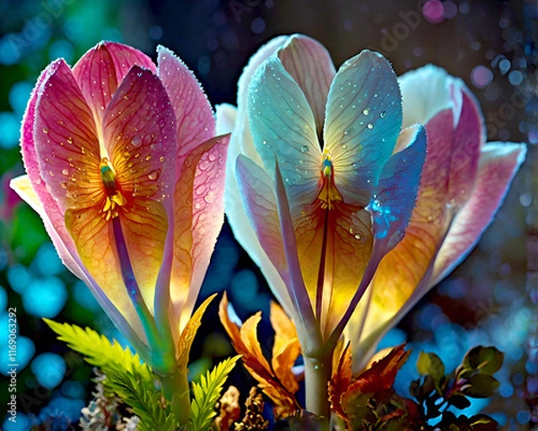 Fototapeta Celestial Blooms: Exquisite digital artworks showcasing vibrant, otherworldly flowers set against a cosmic backdrop, perfect for adding an ethereal touch to any creative project.