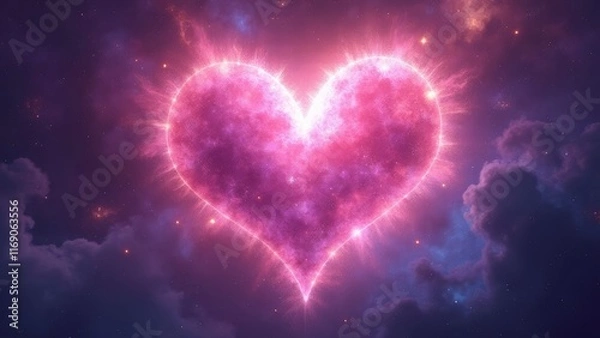 Fototapeta Celestial Heart, A Cosmic Love Radiates Through Starry Nebulas and Dusty Clouds, Illuminated by a Brilliant Pink Glow,