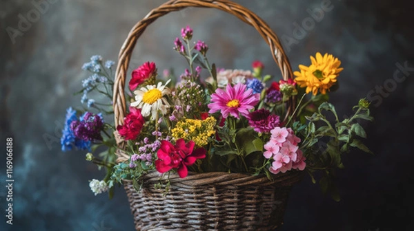 Fototapeta vibrant basket filled with assorted colorful flowers, showcasing beautiful arrangement of blooms. mix includes daisies, roses, and other wildflowers, creating cheerful display