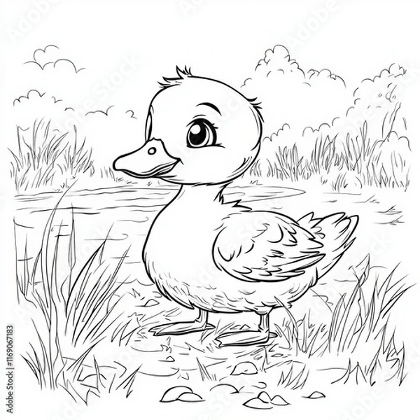 Fototapeta A cute, cartoon-style duck stands by a pond, surrounded by grass and trees, featuring large eyes and a friendly expression.