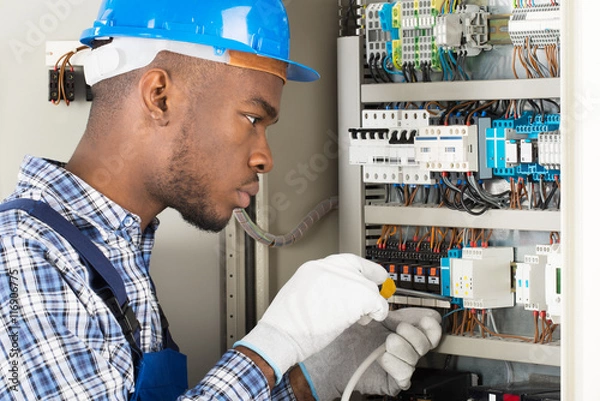 Fototapeta Technician Repairing Fusebox With Screwdriver
