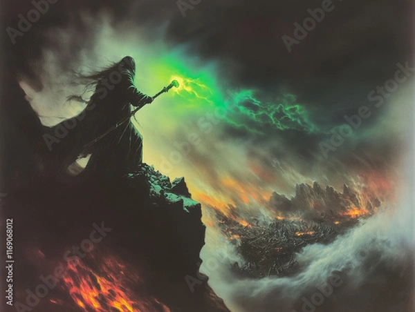 Fototapeta A shadowy figure wielding a glowing green staff, standing at the edge of a cliff overlooking a burning battlefield. The figure’s motives remain unclear, but the surrounding storm reflects its immense 