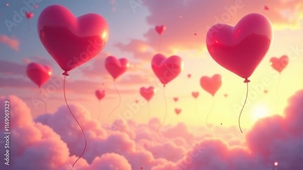 Fototapeta Floating Hearts, A Sky Full of Love, with Soft Clouds and a Warm Golden Sunset Creates an Atmosphere of Romance and Tenderness