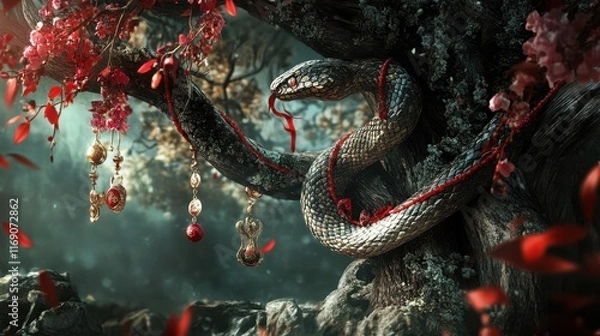 Fototapeta Symbolic SnakeWinding Through a Tree with Adornments