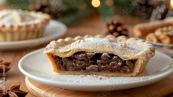 Fototapeta Slice of Festive Mince Pie with Powdered Sugar  .