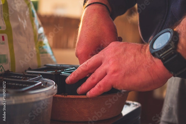 Fototapeta A close-up of male hands planting seeds and tending to sprouts while gardening