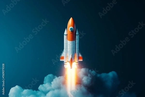 Fototapeta Orange and white rocket lifting off into the blue sky with smoke trail. AI generative. .