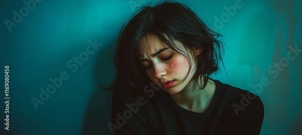Fototapeta Young Woman With Sad Expression, Focus On Tear Rolling Down Face, Plenty Of Room For Text