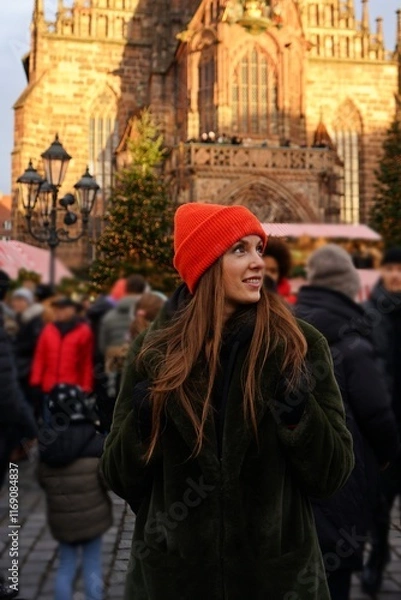 Fototapeta Christmas Market with Cathedral Backdrop
A young woman wearing an orange hat in front of a Christmas market and a majestic Gothic cathedral. Festive winter holiday vibes surrounded by historic archite