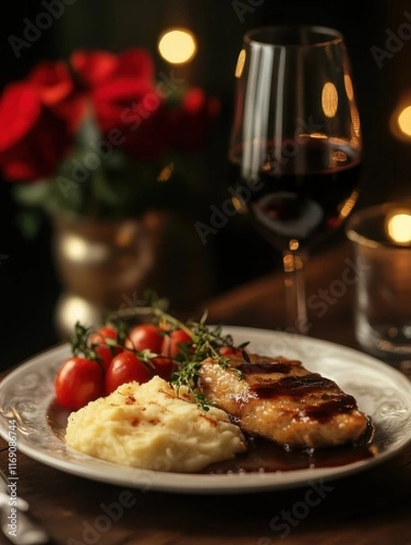 Fototapeta A plate of food and a glass of wine are placed on a table. This image can be used to depict a delicious meal or a romantic dinner setting