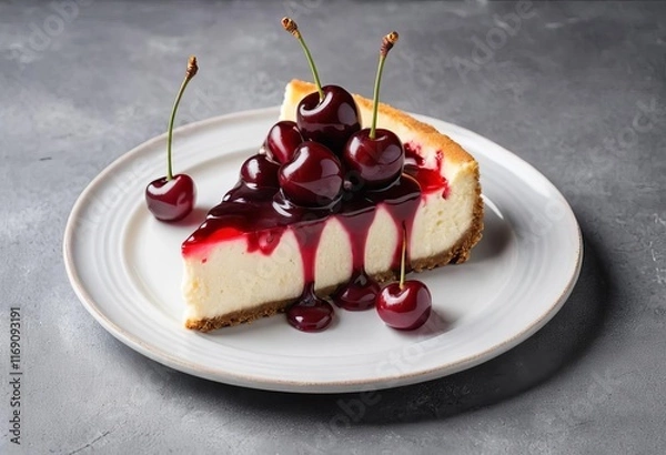 Obraz A slice of cherry cheesecake on a gray concrete background