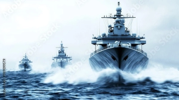 Fototapeta powerful navy carrier strike group, military ships navigating the Pacific Ocean, digital concept art, dynamic waves, isolated on white background