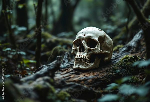 Fototapeta A human skull resting on a fallen tree trunk in a dark, overgrown forest with dense vegetation and decaying wood