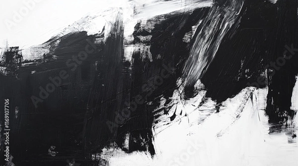 Fototapeta Black and white paint strokes forming an abstract shape, resembling the texture of oil painting on canvas, set against a stark background,