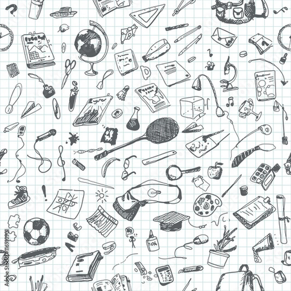 Fototapeta Hand drawn doodle school objects seamless pattern. Gray pencil objects, notebook background. Learning, study, poster, flyer, design.