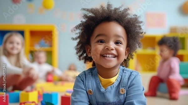 Obraz A daycare service flyer with happy children playing in a colorful environmen