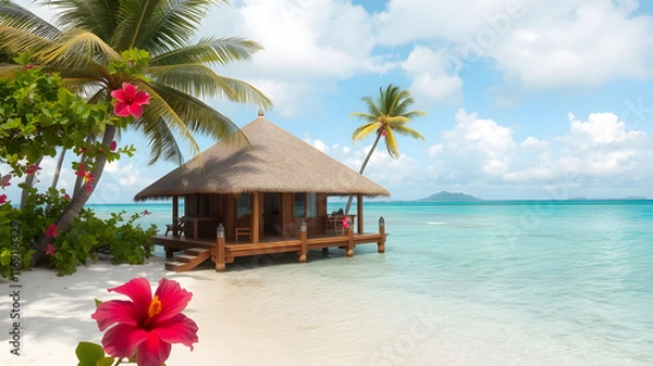 Obraz beautiful  polynesian chouse on a beach and hibiscus in the polynesian sea